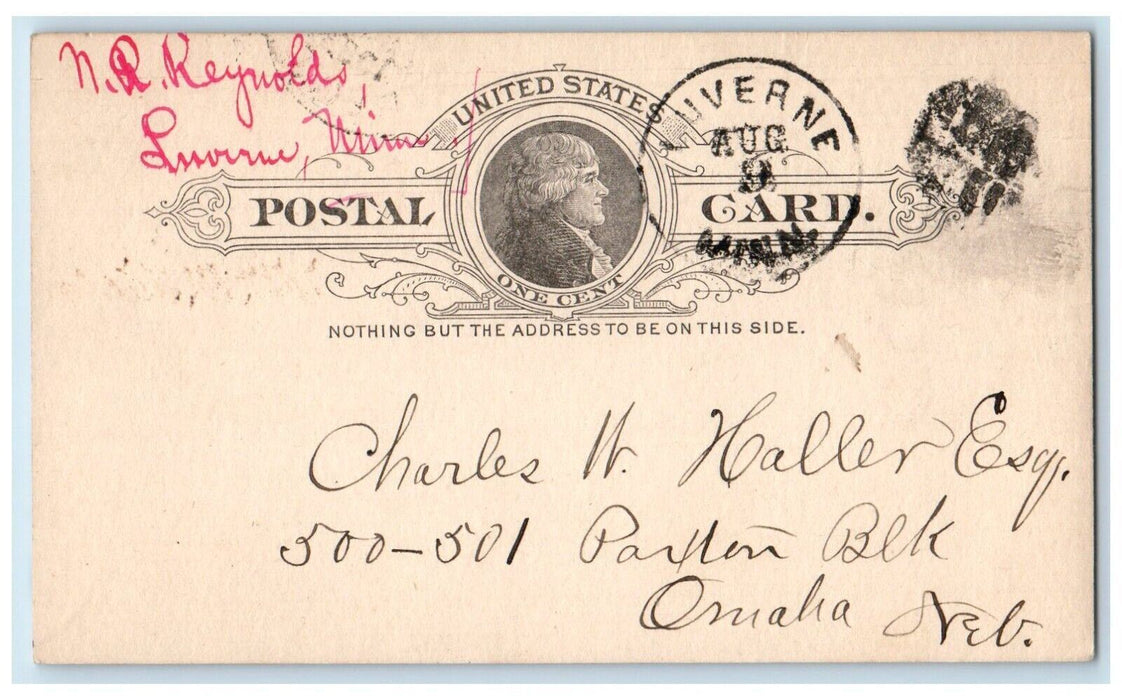 1888 Mr. W. Welch VS KWJ Speedy Settlement NR Reynolds Luverne MN Postal Card