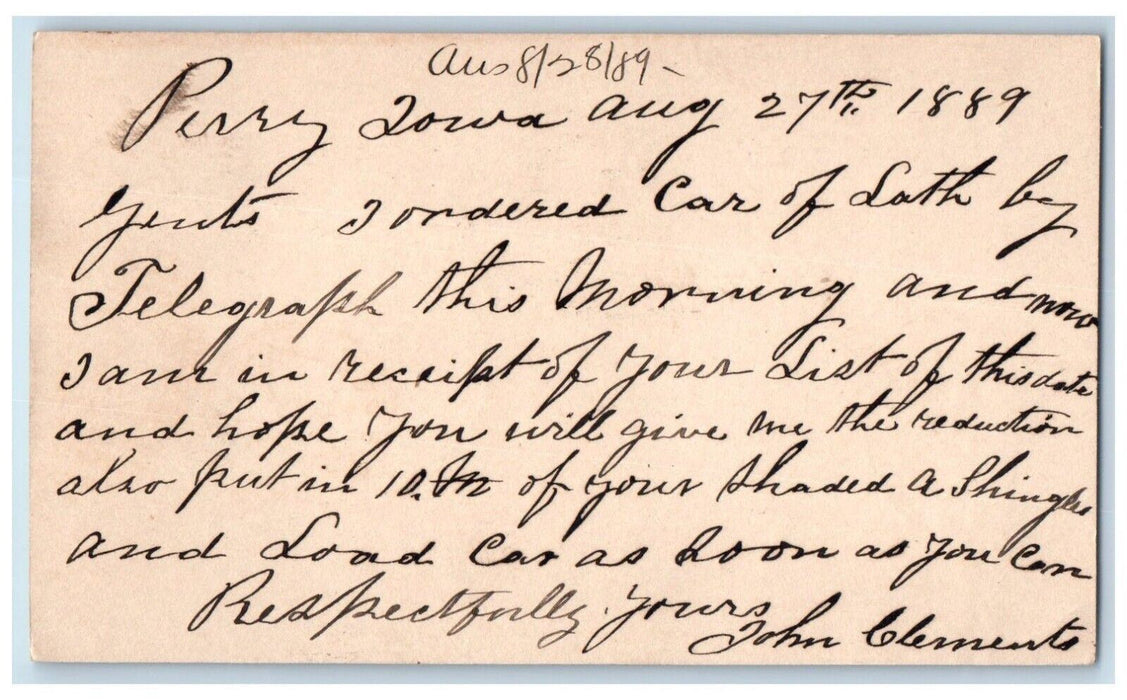 1889 John Clements WJ Young & Co. Perry Iowa IA Clinton IA Postal Card