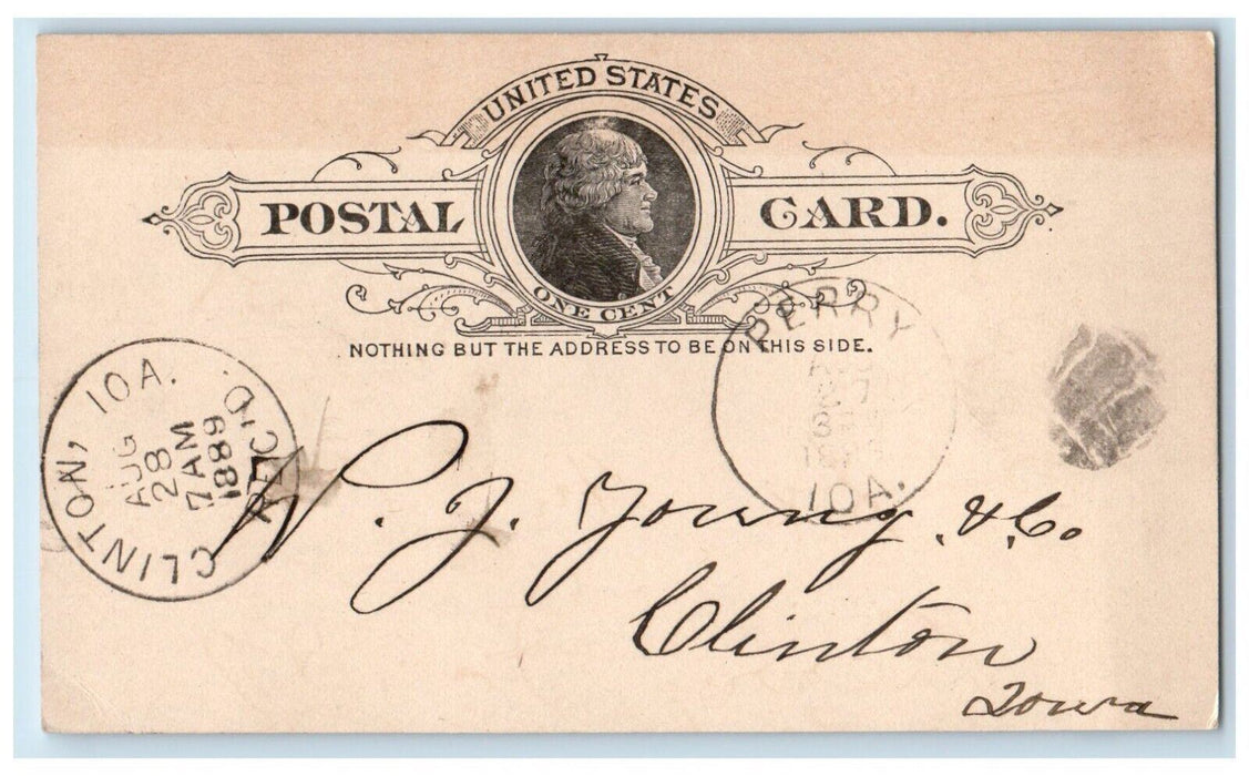 1889 John Clements WJ Young & Co. Perry Iowa IA Clinton IA Postal Card