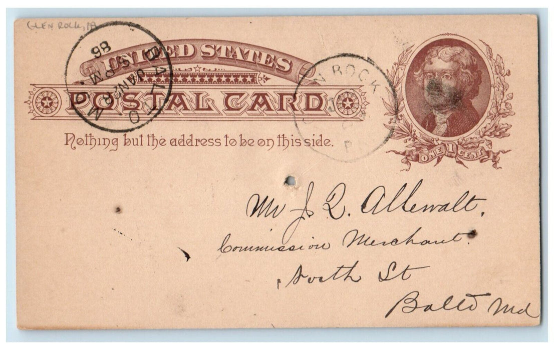 1886 Mr. Allewalt Rye Chop Glen Rock Pennsylvania PA Baltimore MD Postal Card
