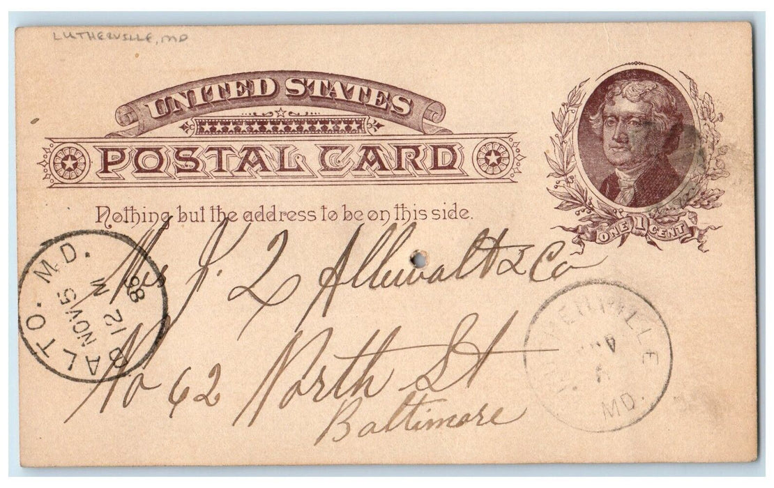 1886 Mr. Allewalt Corn Oats Luthersville Maryland MD Baltimore MD Postal Card