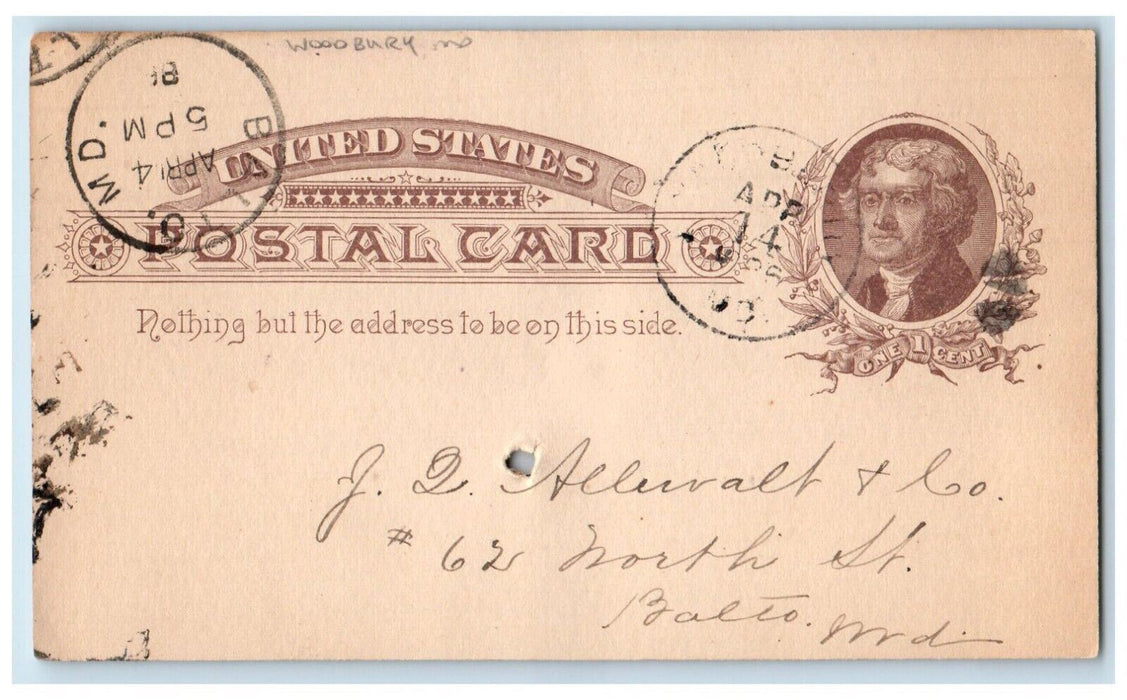 1886 Mr. Daley Woodbury Maryland MD Baltimore MD Antique Posted Postal Card