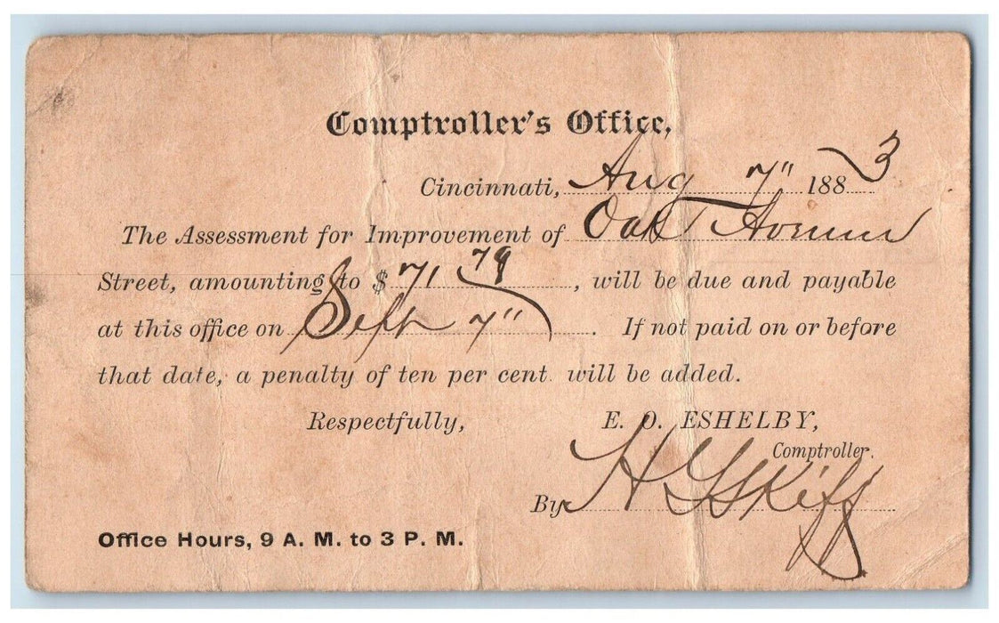 1883 Comptroller's Office Cincinnati Ohio OH Antique Posted Postal Card