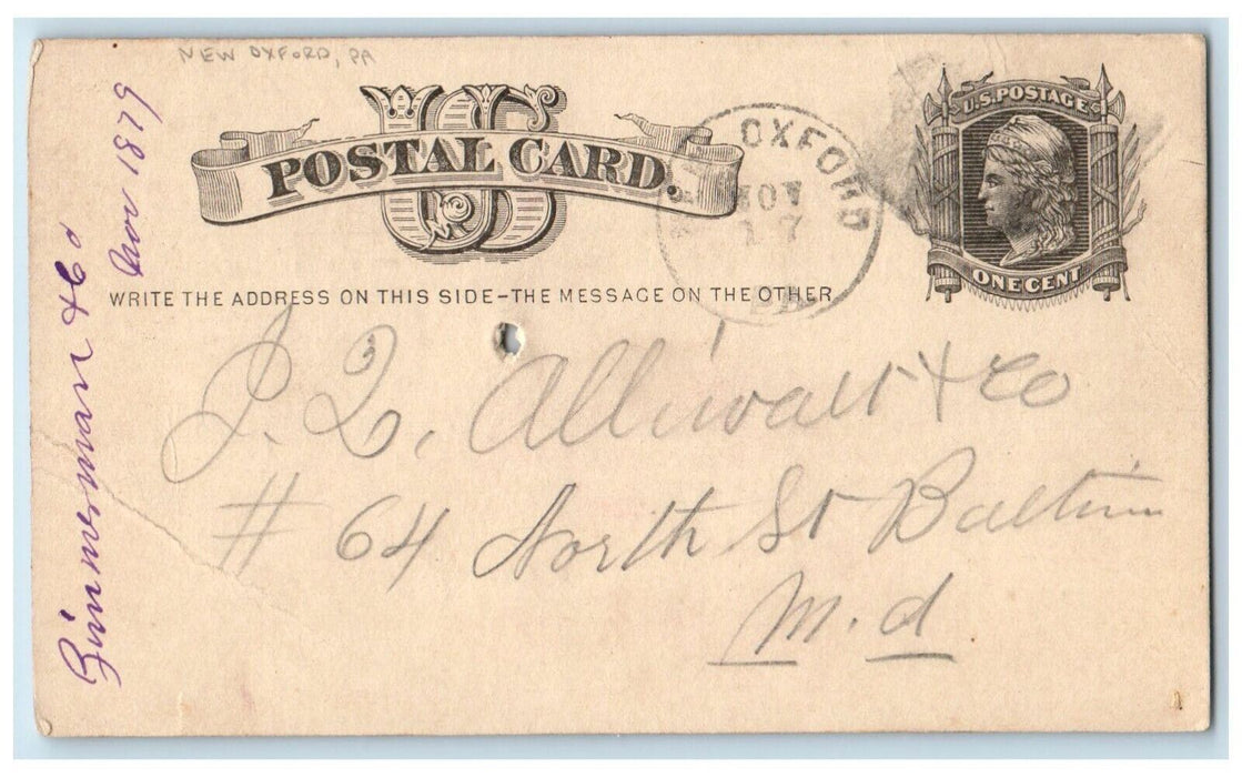 1879 J Allewalt & Co. New Oxford Pennsylvania PA Baltimore MD Postal Card