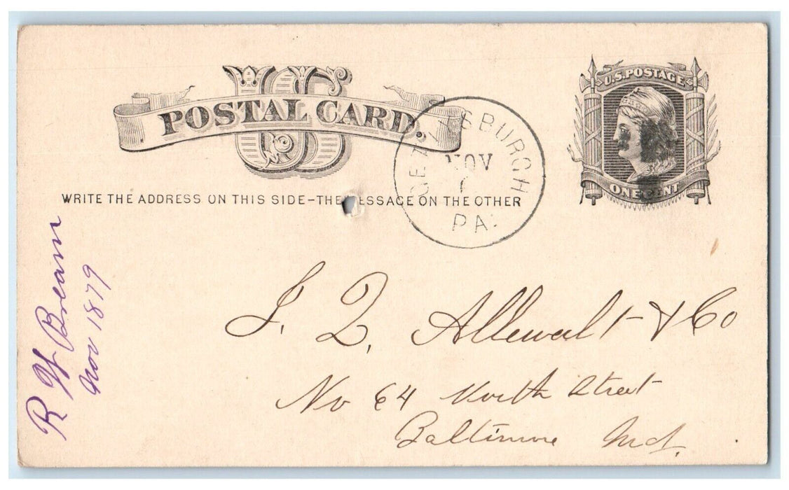 1879 J Allewalt & Co. Gettysburg Pennsylvania PA Baltimore MD Postal Card