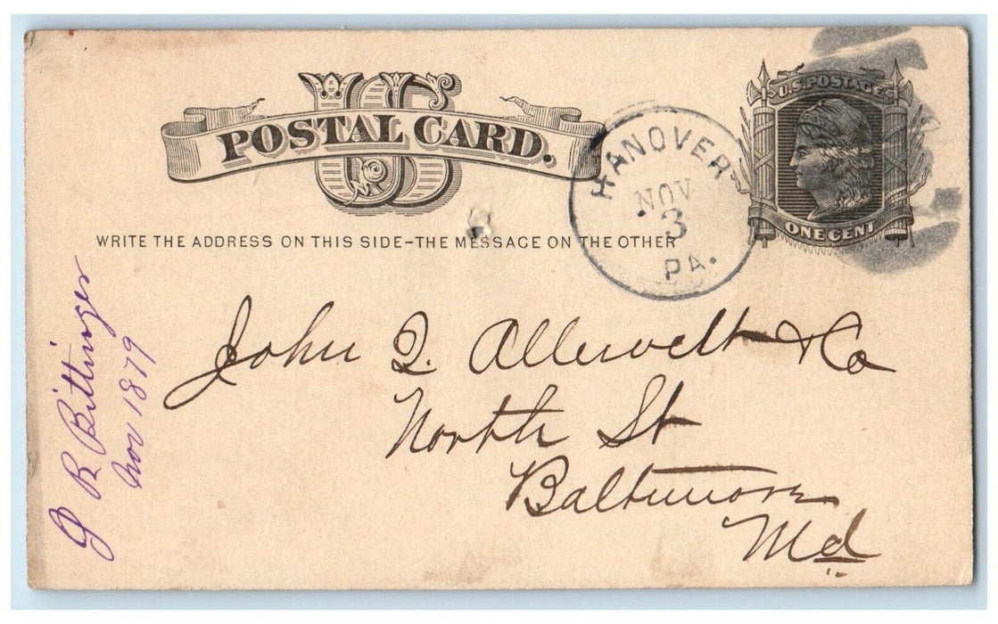 1879 Letter to Uncle Hanover Pennsylvania PA Posted Antique Postal Card