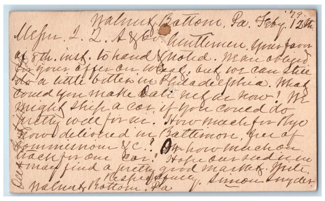 1879 Simon Snyder Walnut Bottom Mechanicsburg Pennsylvania PA Postal Card