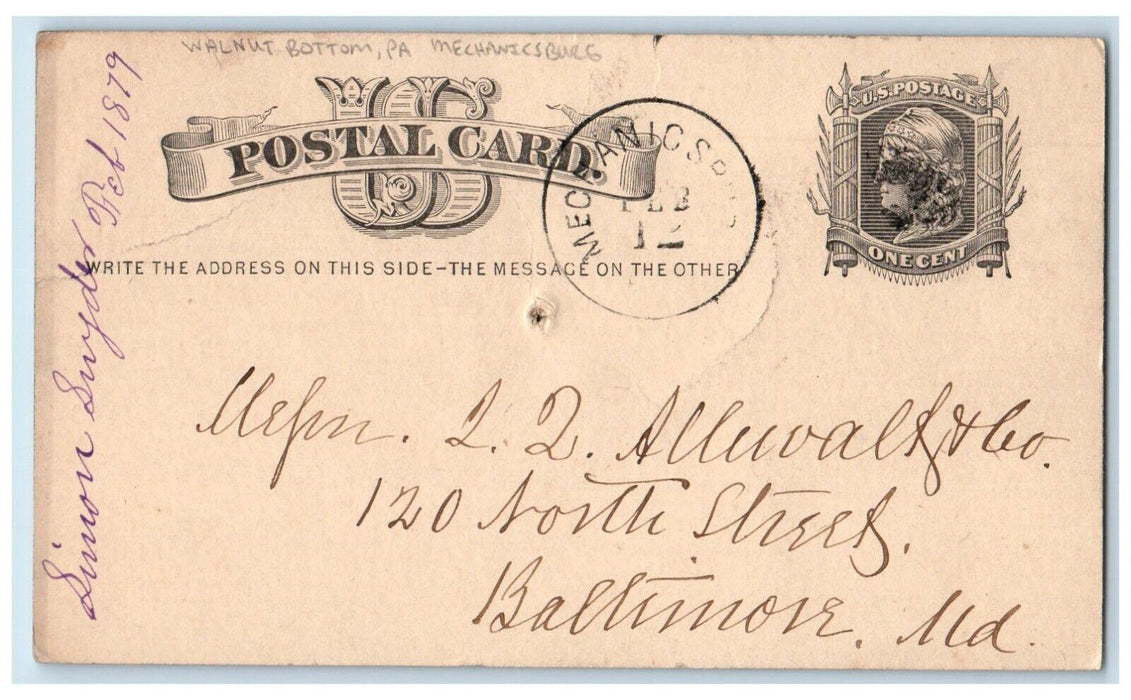 1879 Simon Snyder Walnut Bottom Mechanicsburg Pennsylvania PA Postal Card