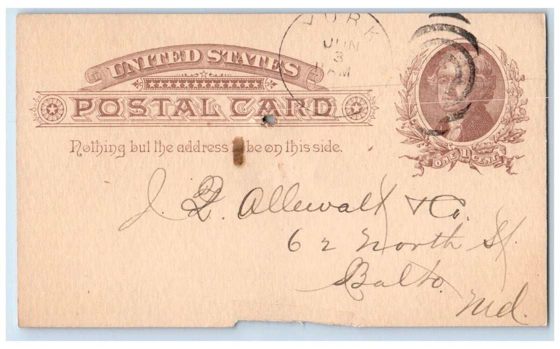 1886 Western National Bank York Pennsylvania PA Baltimore MD Postal Card