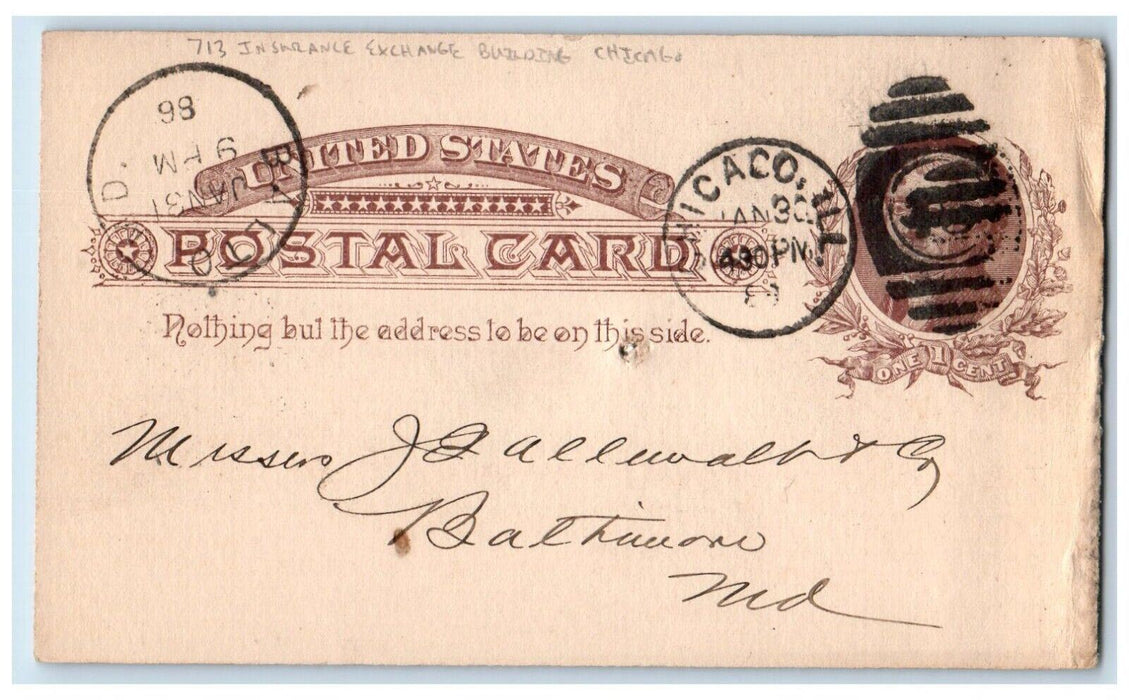 1886 713 Insurance Exchange Building Chicago Illinois IL Antique Postal Card