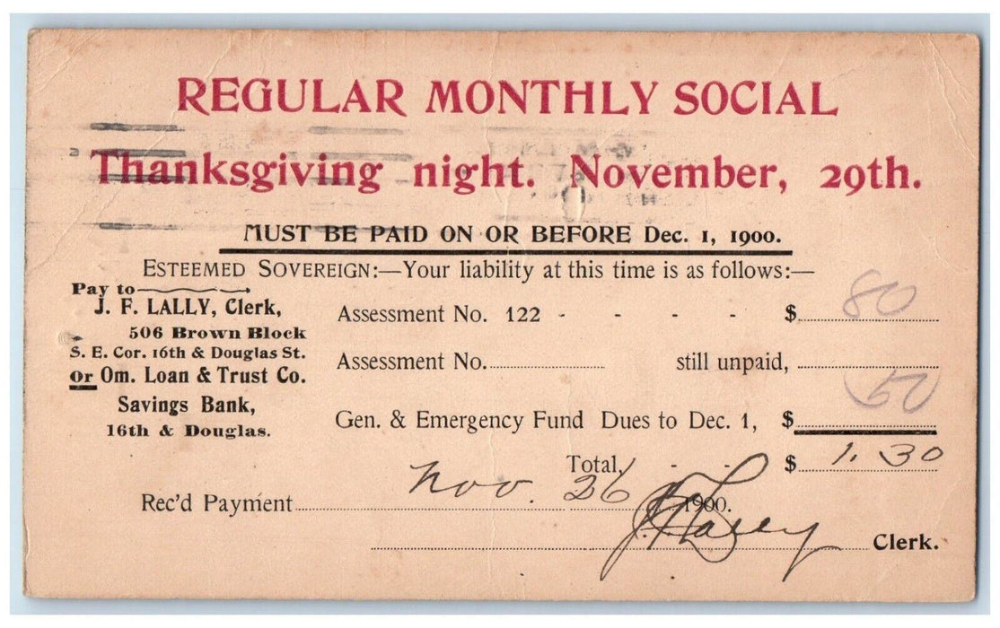 c1880's Regular Monthly Social Thanksgiving Night Omaha Nebraska NE Postal Card