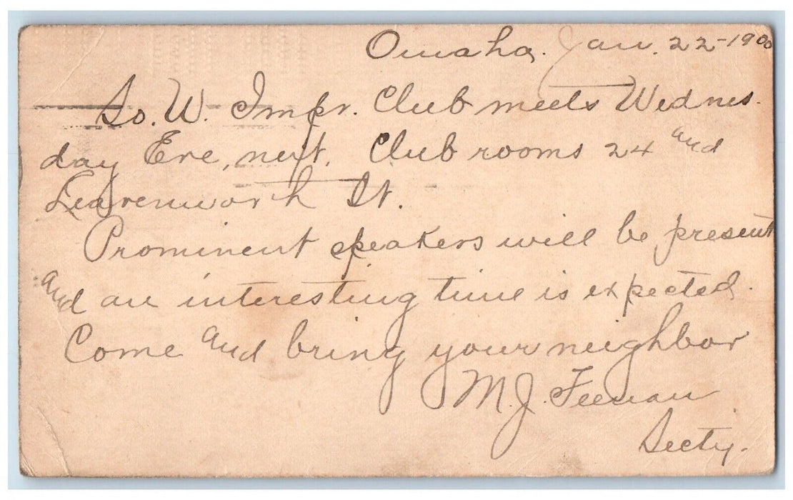 1900 So. W. Impr. Club Meets Wednesday Omaha Nebraska NE Antique Postal Card