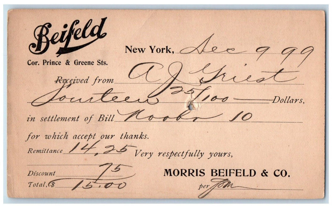 1899 Beifeld Cor. Prince & Greene Streets New York NY Posted PMC Postal Card