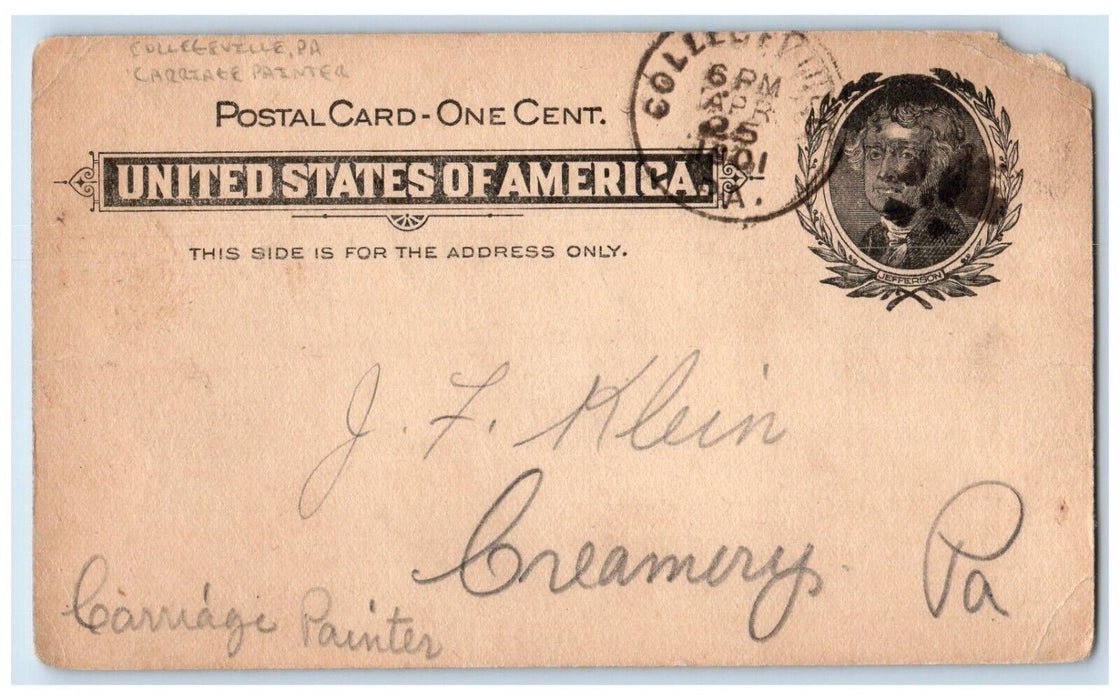 1901 Carriage Painter Collegeville Creamery Pennsylvania PA Postal Card