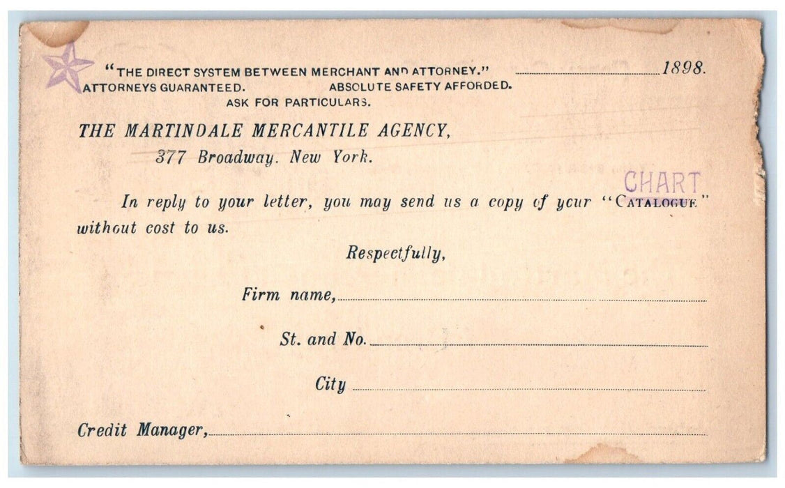 1898 Martindale Mercantile Agency Broadway New York NY Antique Postal Card