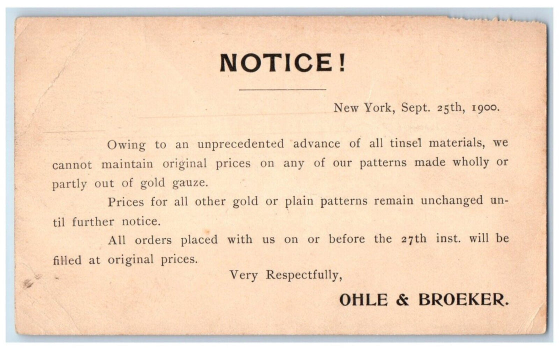c1880's Notice Letter from Ohle & Broeker New York City NY Postal Card