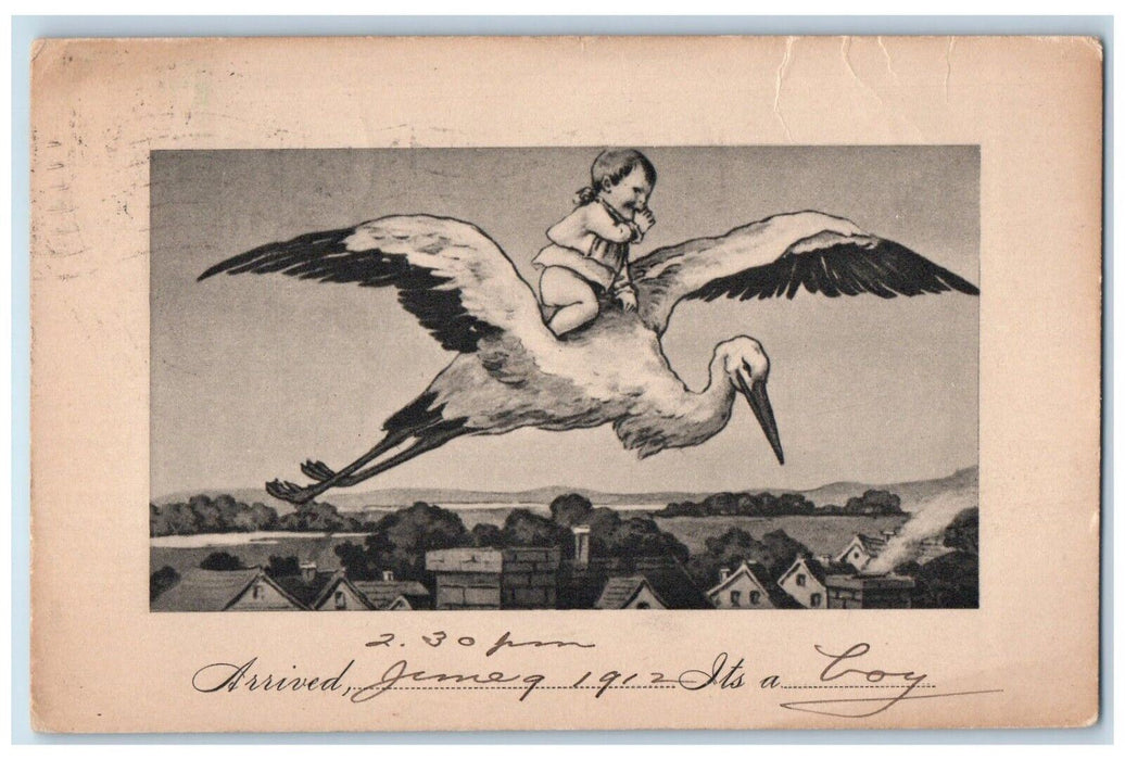 1912 Stork Delivering Baby Boy Gardner Massachusetts MA PostedAntique Postcard