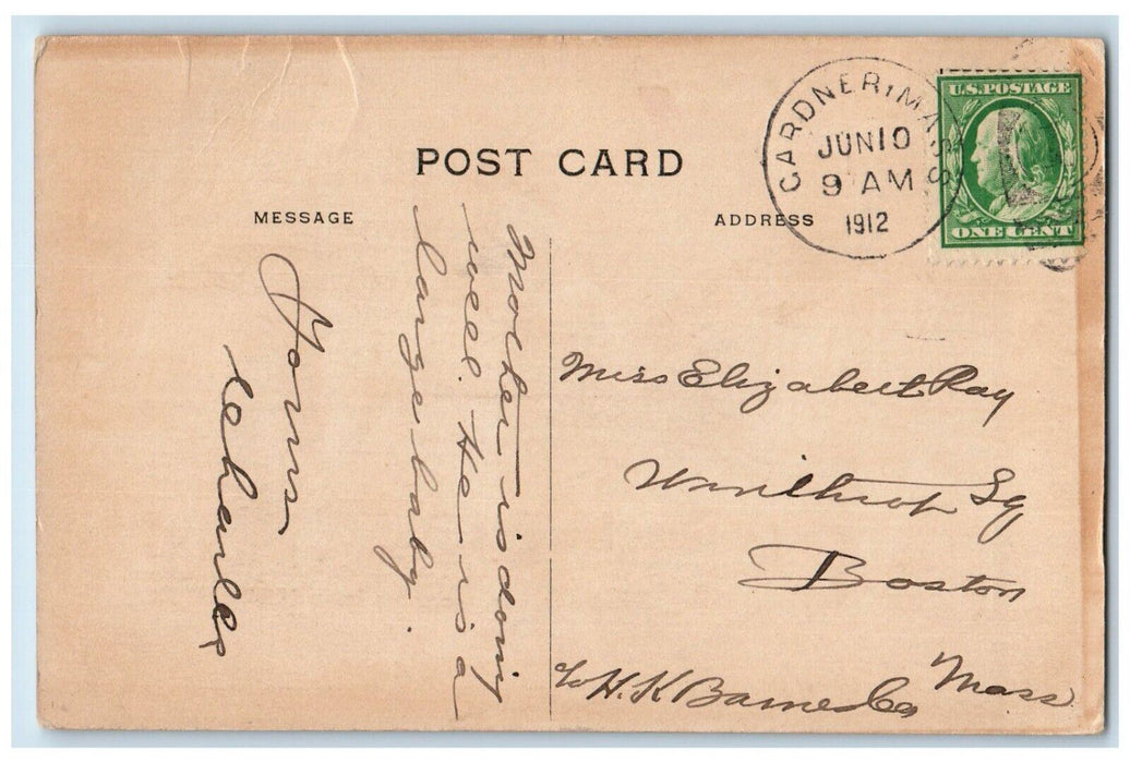 1912 Stork Delivering Baby Boy Gardner Massachusetts MA PostedAntique Postcard