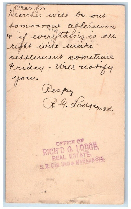 1900 Rich'D G. Lodge Real Estate Stamp Philadelphia PA Antique PMC Postal Card