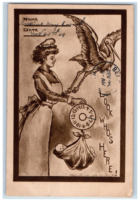 1909 Stork Delivered Baby Beloit Wisconsin WI RPO Posted Antique Postcard
