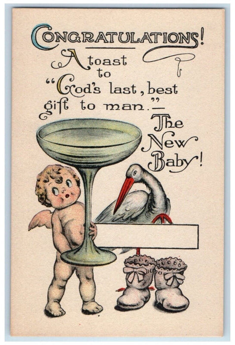 c1910's Congratulations Angel Toast Stork The New Baby Unposted Antique Postcard