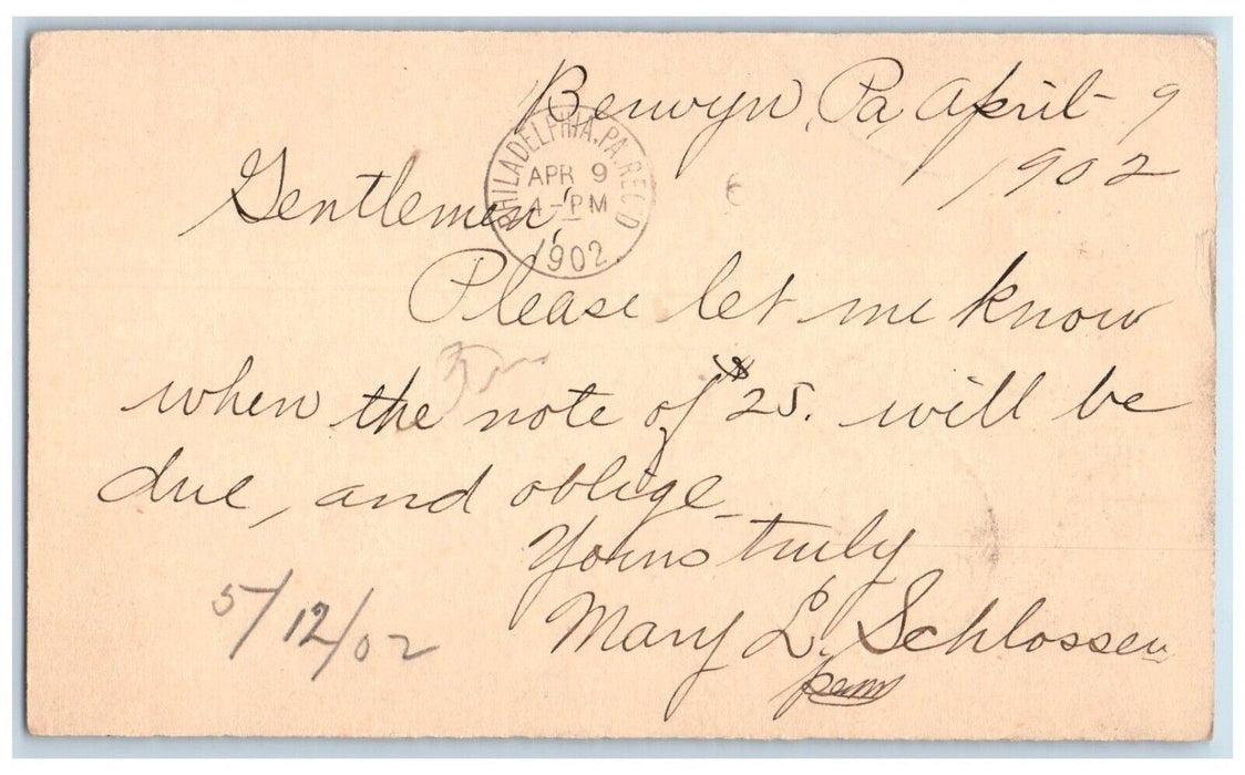 1902 Note of 25 Be Due Berwyn Pennsylvania PA Posted Antique Postal Card