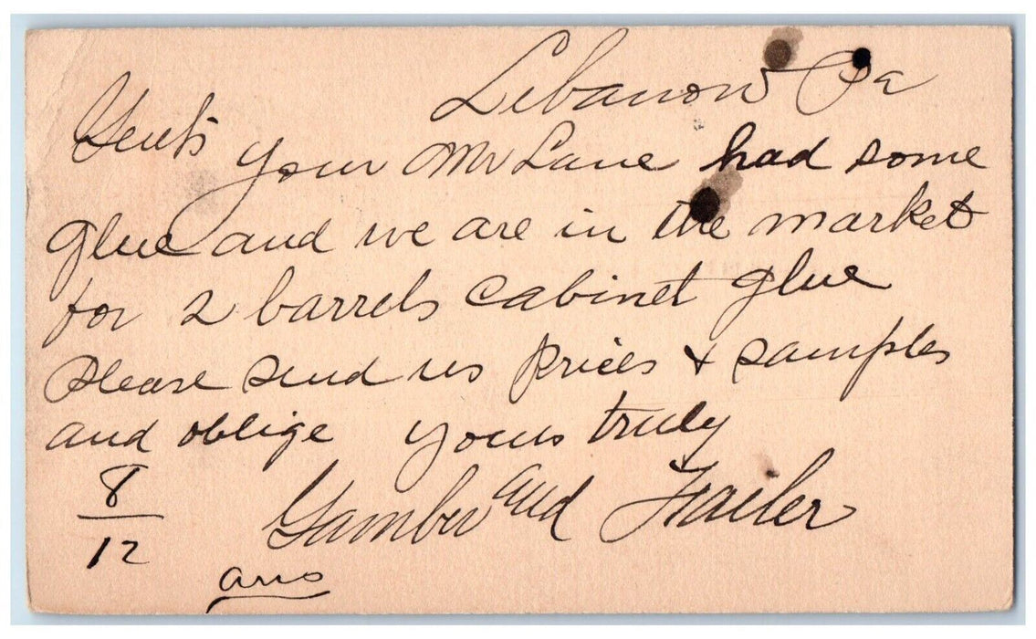 1901 2 Barrels Cabinet Glue Lebanon Philadelphia Pennsylvania PA Postal Card
