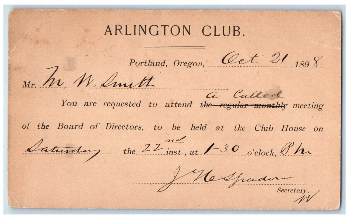 1898 Meeting of Board of Directors Arlington Club Portland Oregon OR Postal Card