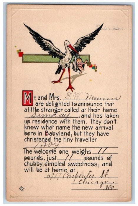 1914 Stork Delivering Baby Embossed Nash Chicago Illinois IL Antique Postcard