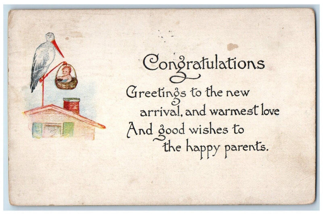 1920 Congratulations Greetings Stork Deliver Baby Chimney Onieda NY Postcard