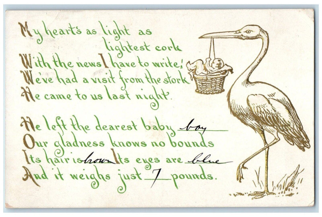 1910 Stork Delivering Baby In Basket Plainfield Indiana IN Antique Postcard