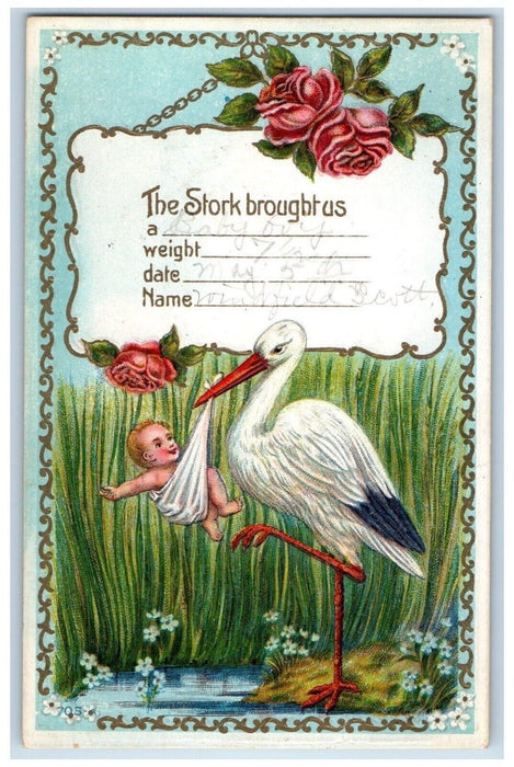 1913 Stork Delivering Baby Flowers Embossed Butte Montana MT Antique Postcard