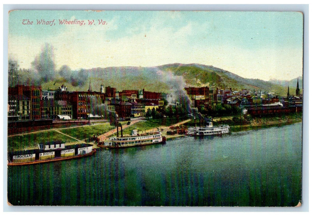 The Wharf Wheeling West Virginia WV, Mountain Steamboat Scene Antique Postcard