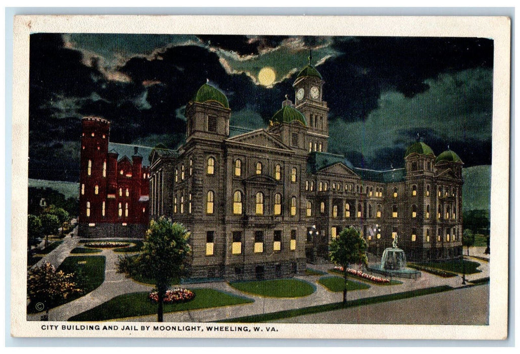 City Building And Jail By Moonlight Wheeling West Virginia WV Vintage Postcard