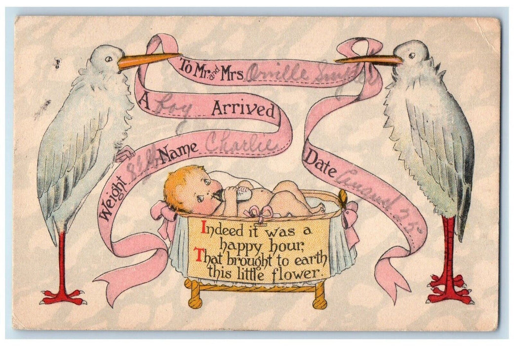 1915 Stork Delivered Baby Boy On Bassinet Milo Iowa IA Posted Antique Postcard