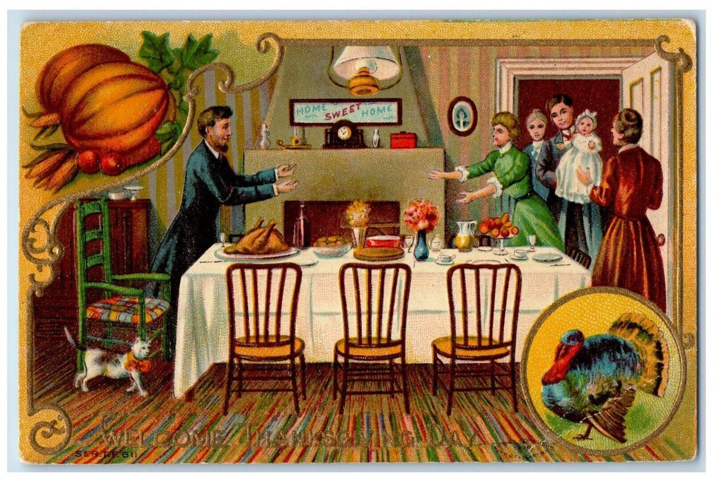 c1910's Thanksgiving Day Turkey Family Dinner Embossed Posted Antique Postcard