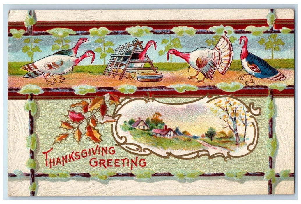 1909 Thanksgiving Greeting Turkeys Pie Houses Embossed Winsch Back Postcard