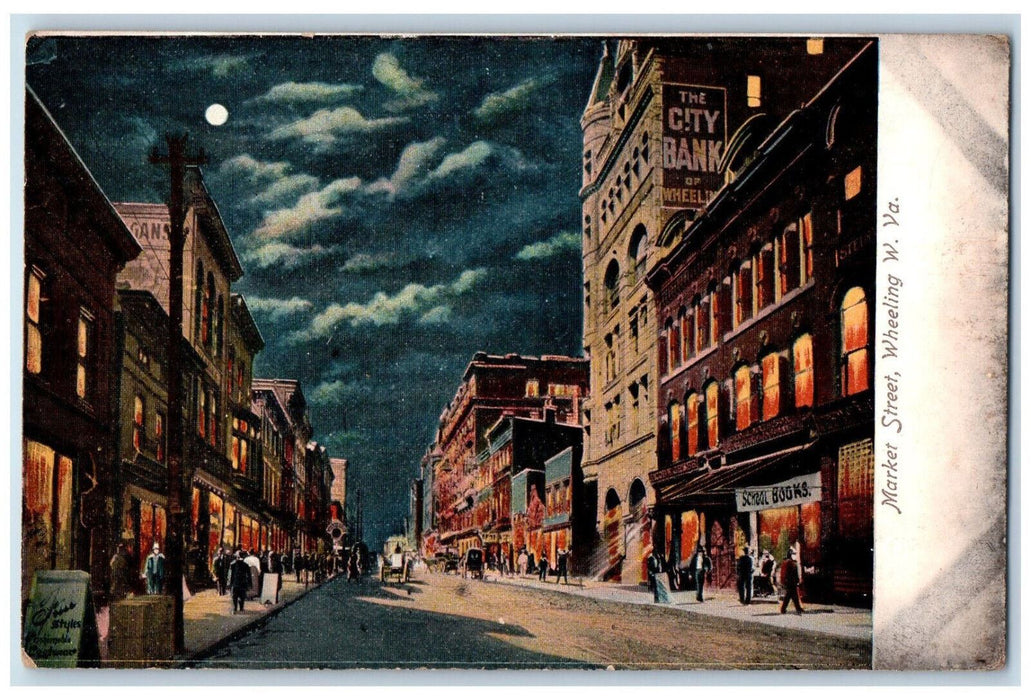 Market Street Moon Night Scene Wheeling West Virginia WV Antique Postcard