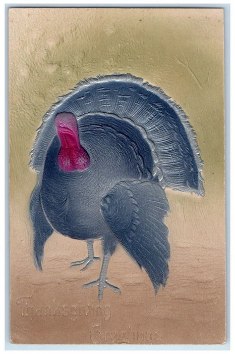 1908 Thanksgiving Greeting Turkey Airbrushed Embossed Shippensburg PA Postcard