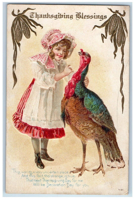 c1910's Thanksgiving Blessings Girl And Turkey Corn Embossed Antique Postcard