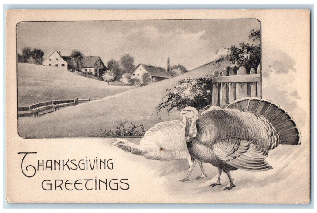 c1910's Thanksgiving Greetings Turkeys Houses Winsch Back Antique Postcard