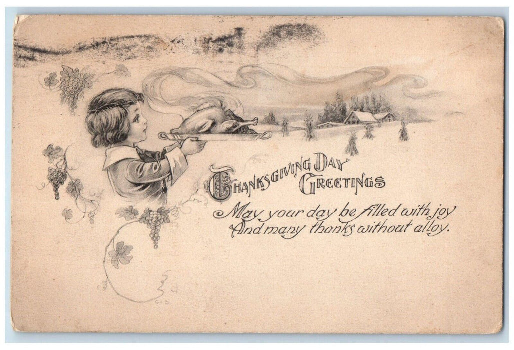 1915 Thanksgiving Day Greetings Boy Cooked Turkey Brockton MA Antique Postcard