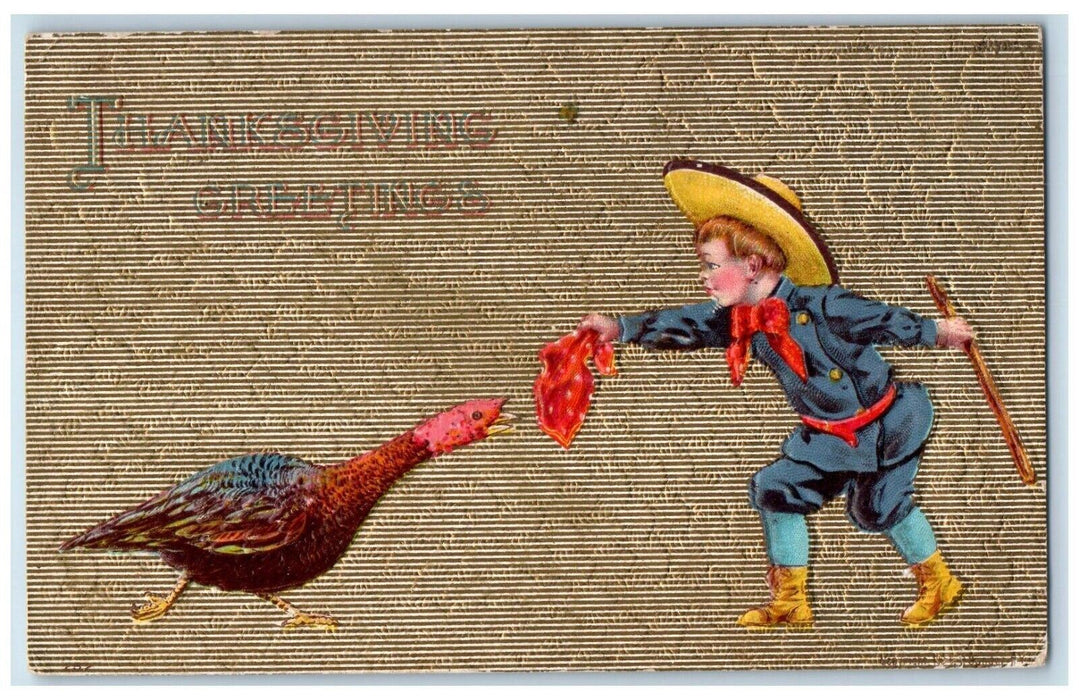 1909 Thanksgiving Greetings Boy Caching Turkey Michigan City IN Antique Postcard