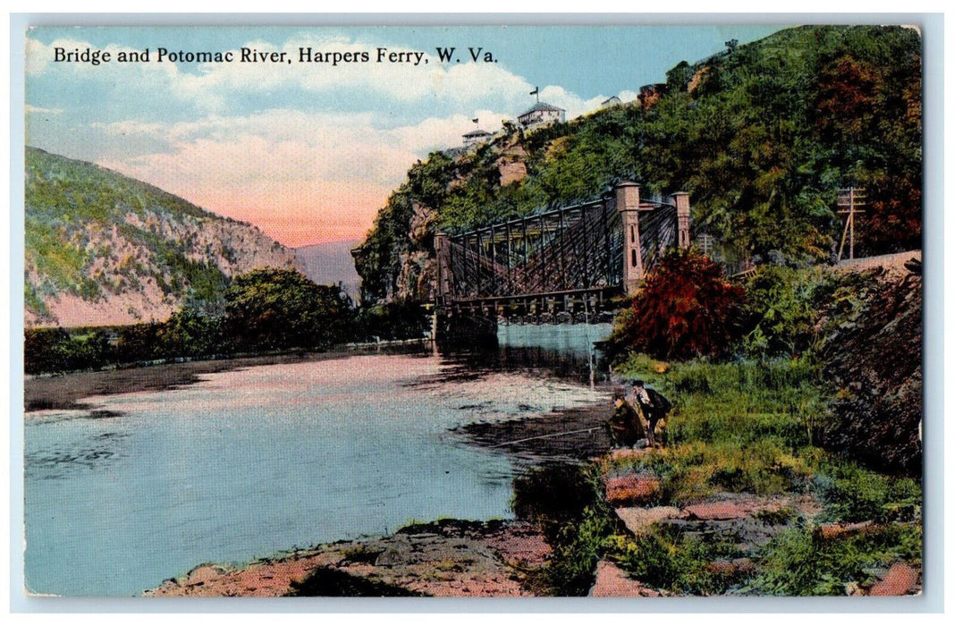 View Of Bridge And Potomac River Harpers Ferry West Virginia WV Vintage Postcard