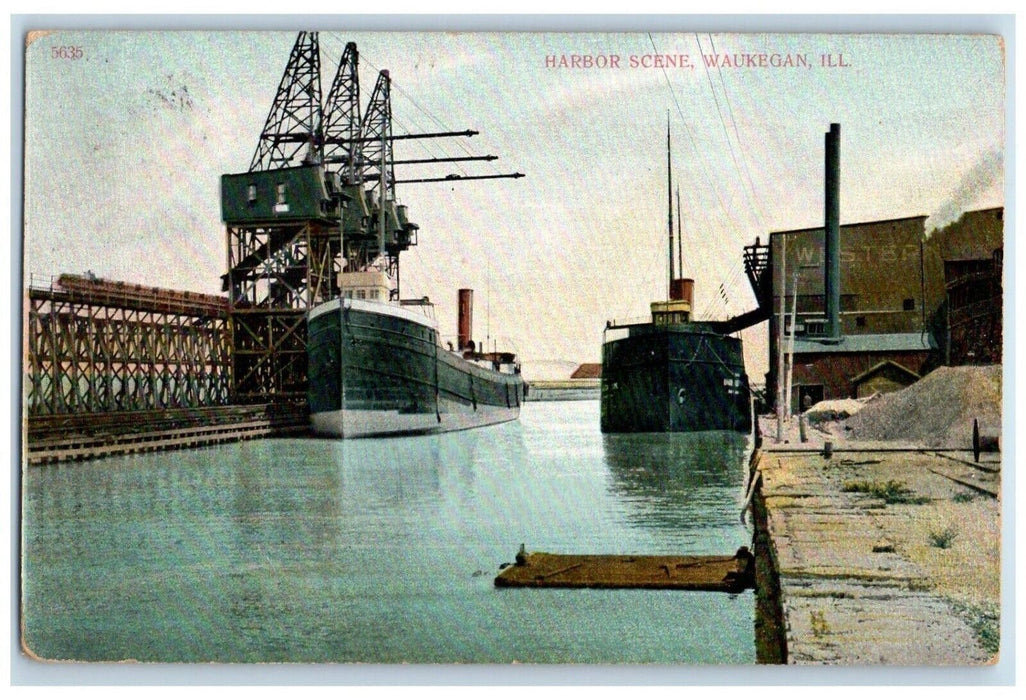 1907 Harbor Scene Steamer Boat Waukegan Wisconsin WI Posted Antique Postcard