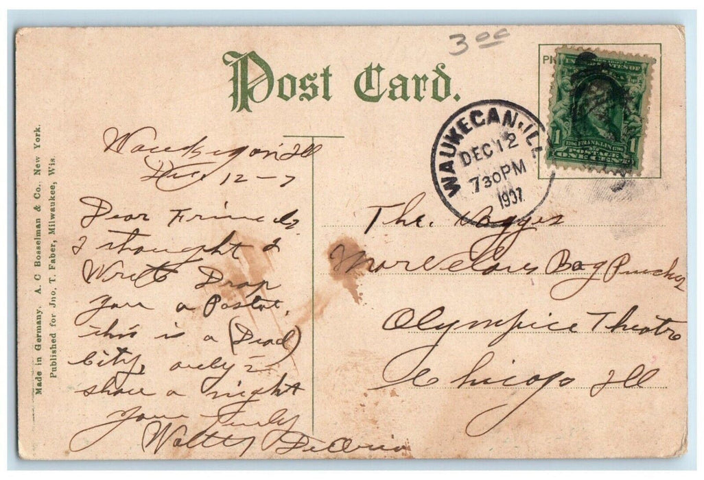 1907 Harbor Scene Steamer Boat Waukegan Wisconsin WI Posted Antique Postcard