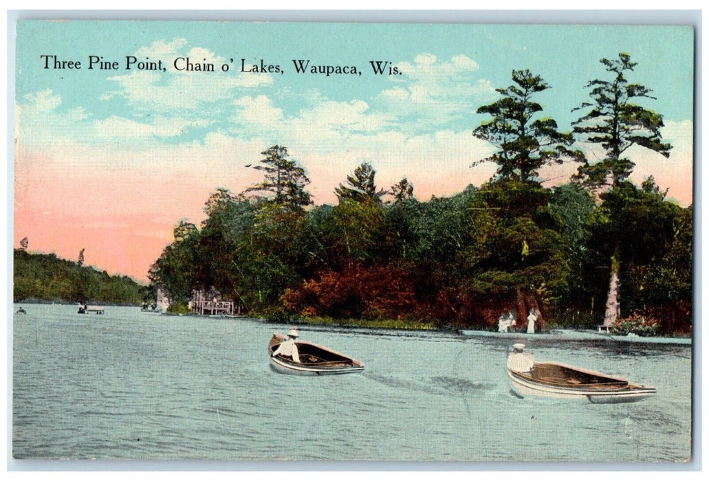 c1910's Three Pine Point Chain O Lakes Boat Waupaca Wisconsin WI Postcard