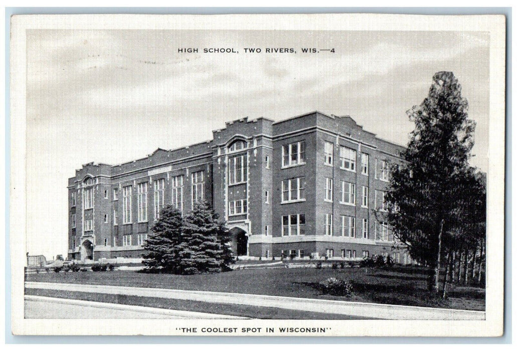 1943 High School Building Campus Scene Street Two Rivers Wisconsin WI Postcard
