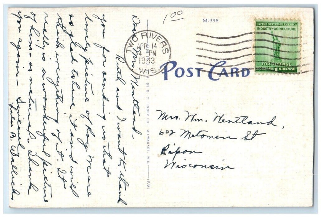 1943 High School Building Campus Scene Street Two Rivers Wisconsin WI Postcard