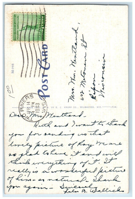 1943 High School Building Campus Scene Street Two Rivers Wisconsin WI Postcard